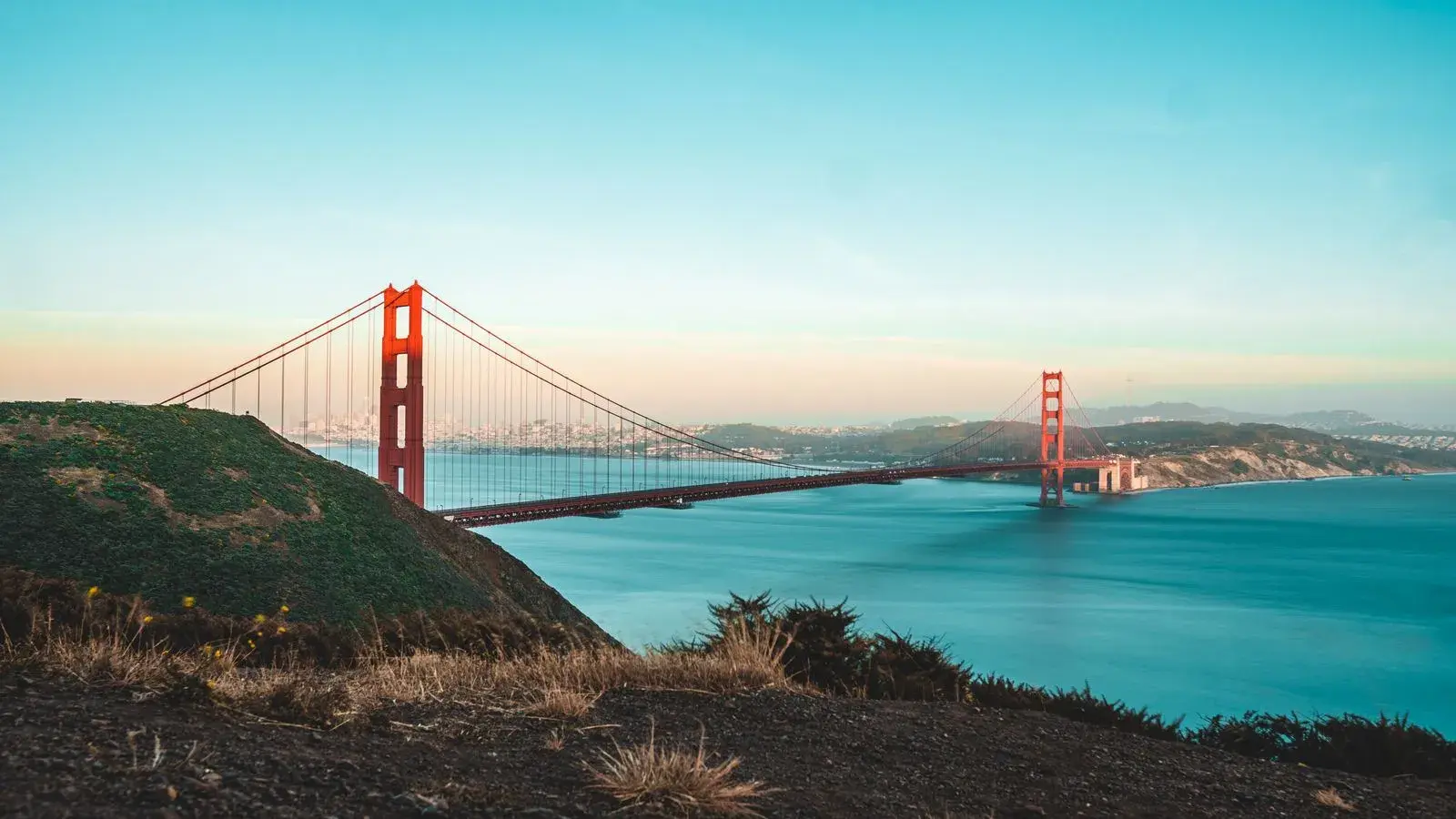 The Golden Gate Bridge over San Francisco Bay at golden hour