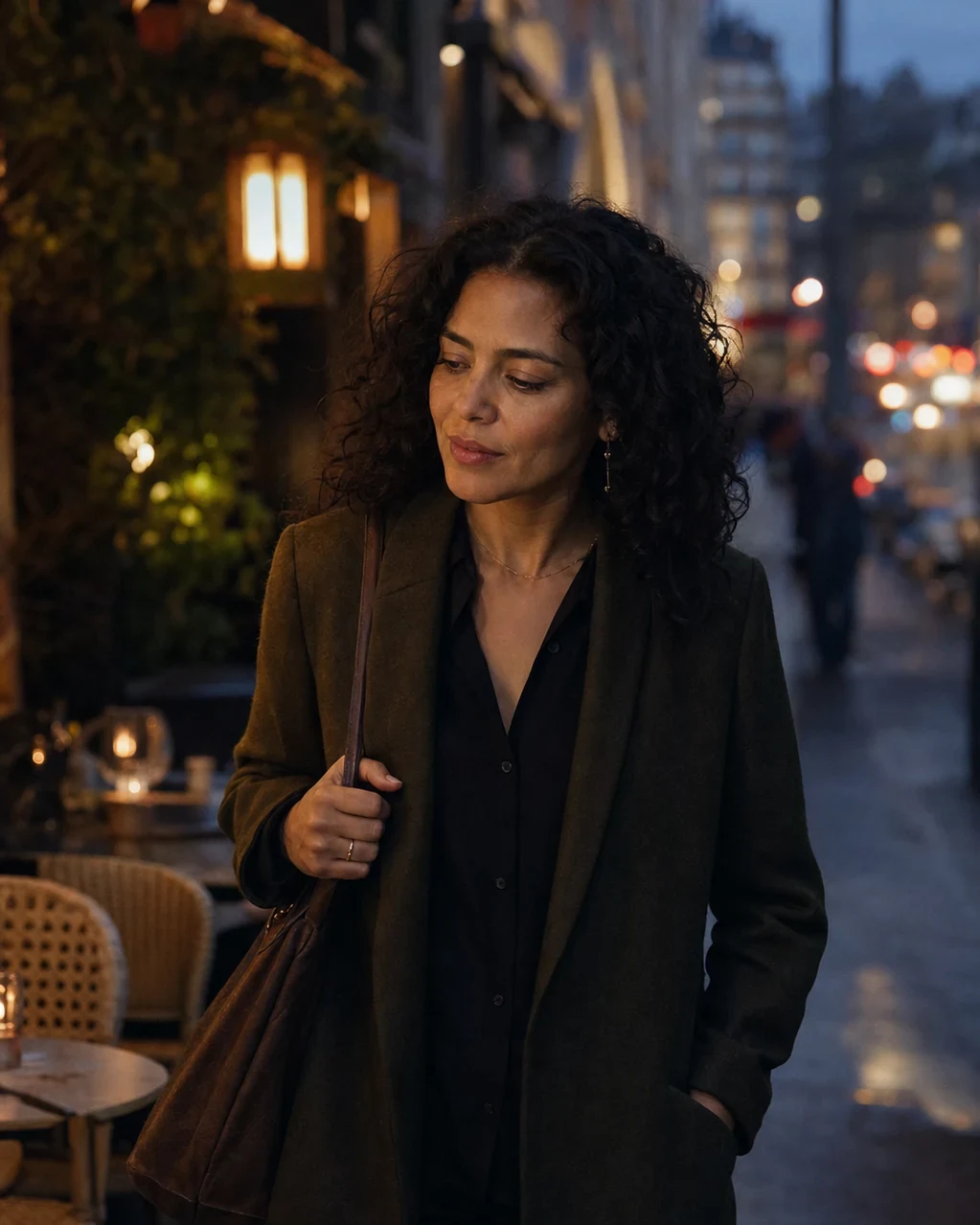 An adult walking home thoughtfully through a softly lit neighborhood