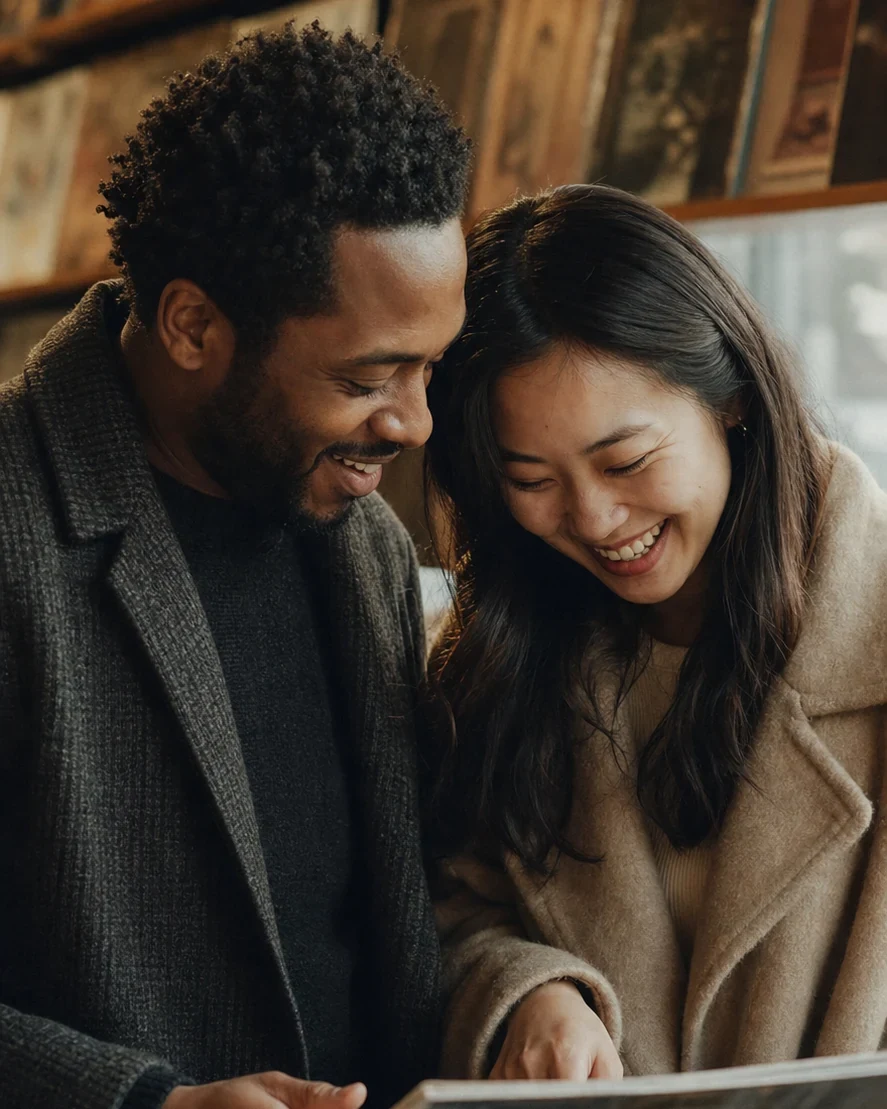 Two adults laughing together while browsing records in a sunlit shop