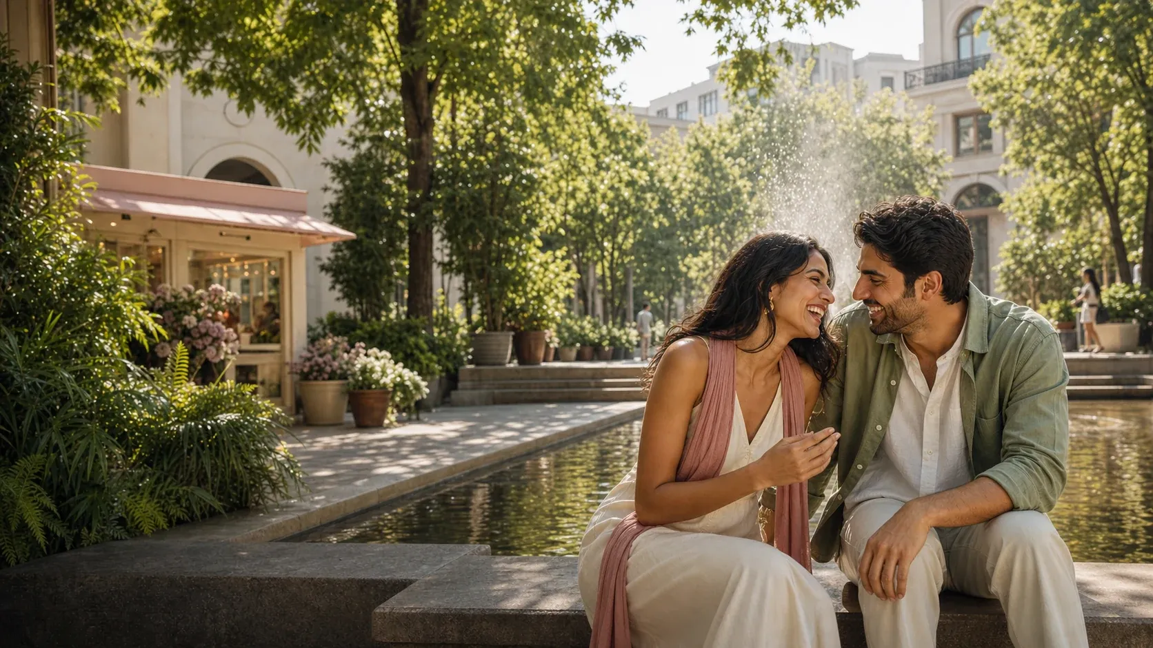 Two adults laughing together beside a reflecting pool in a sunlit botanical courtyard